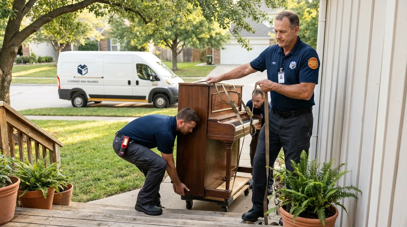 Licensed piano movers securing grand piano in Arab, AL